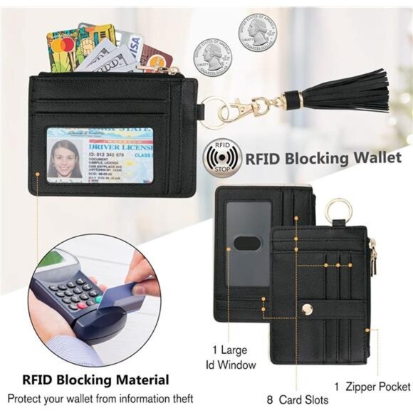 Wallet Keychain Wristlet for Women,Slim RFID Credit Card Holder Purse Tassel - Picture 3 of 7